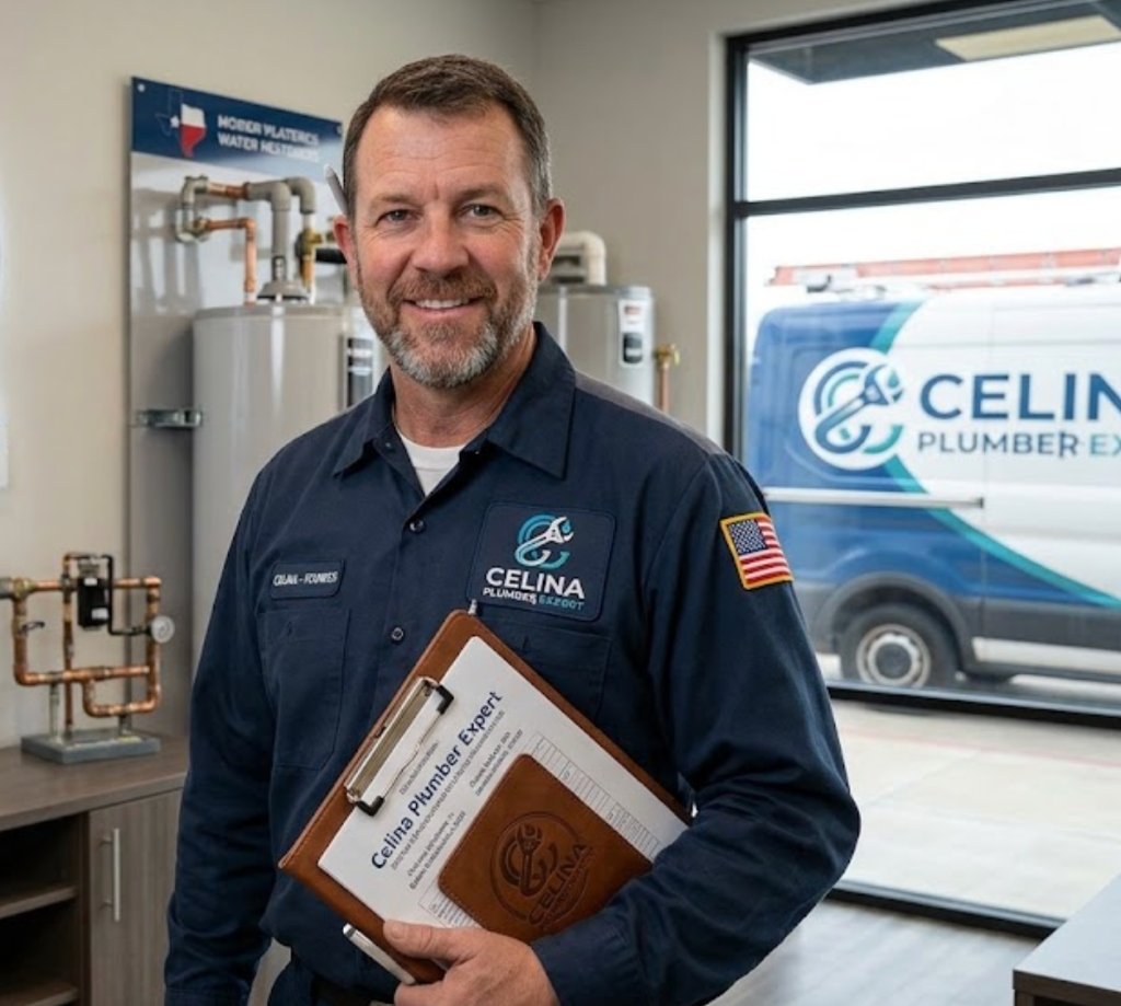Professional Celina TX plumber with service van in a Celina, Texas neighborhood